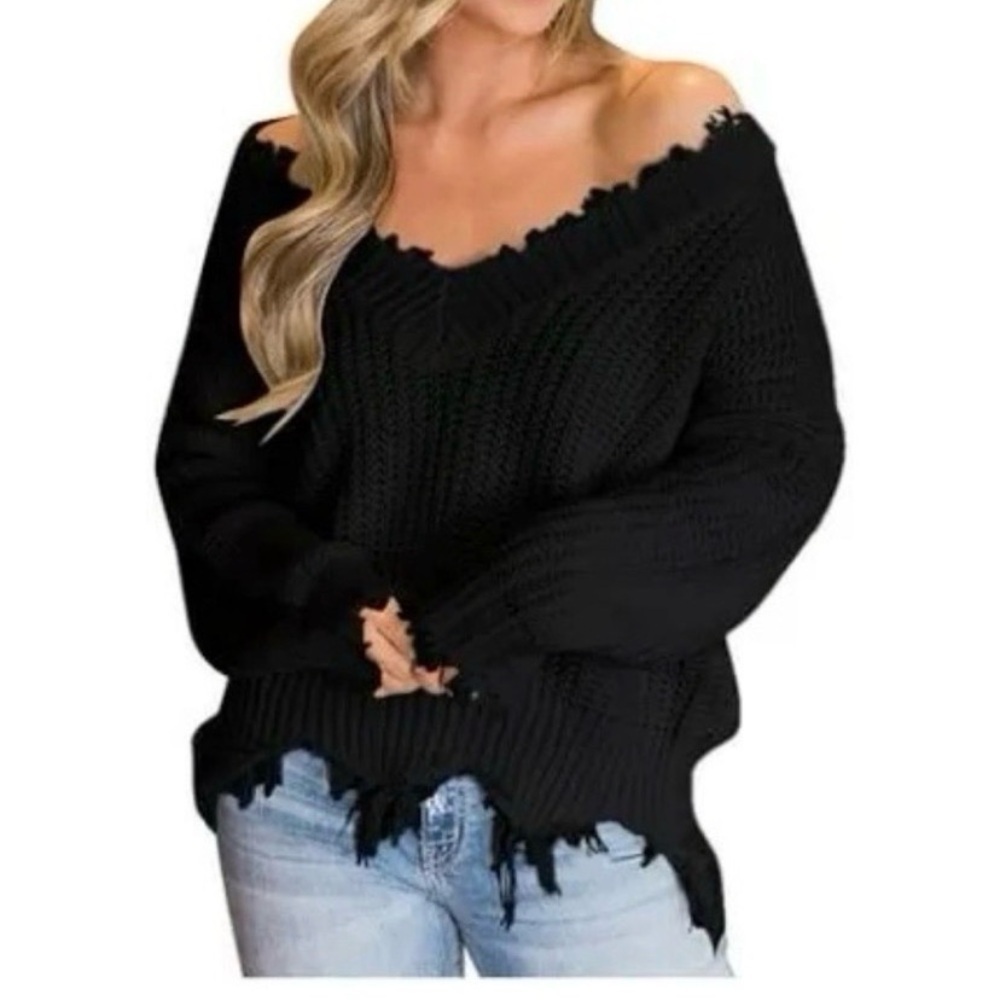 Boutique Black Distressed Sweater Top - Picture 3 of 9